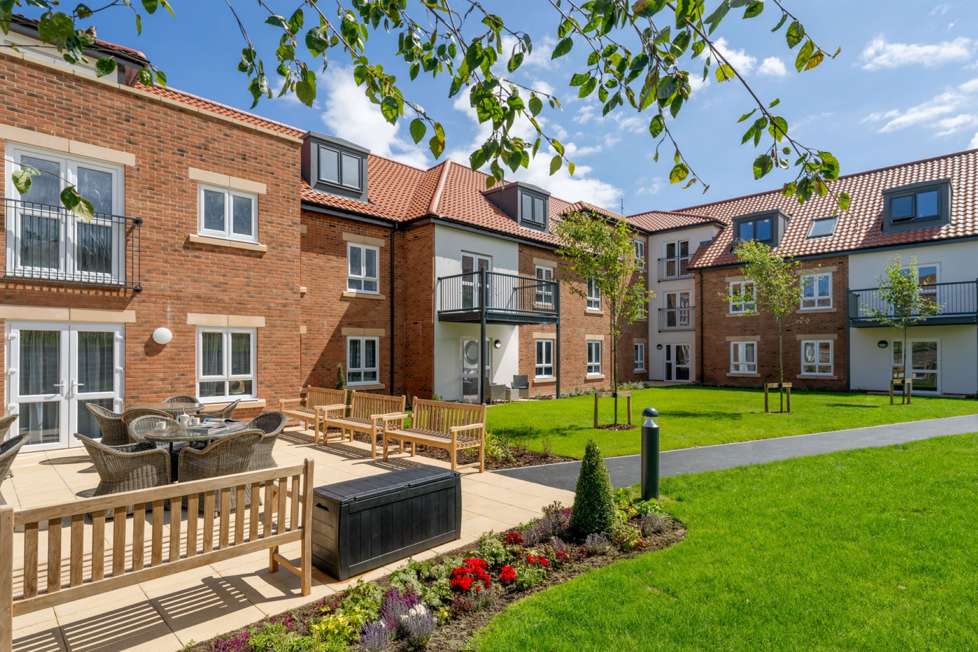 McCarthy Stone development Scoresby View Whitby North Yorks, external shot of the beautiful communal gardens.