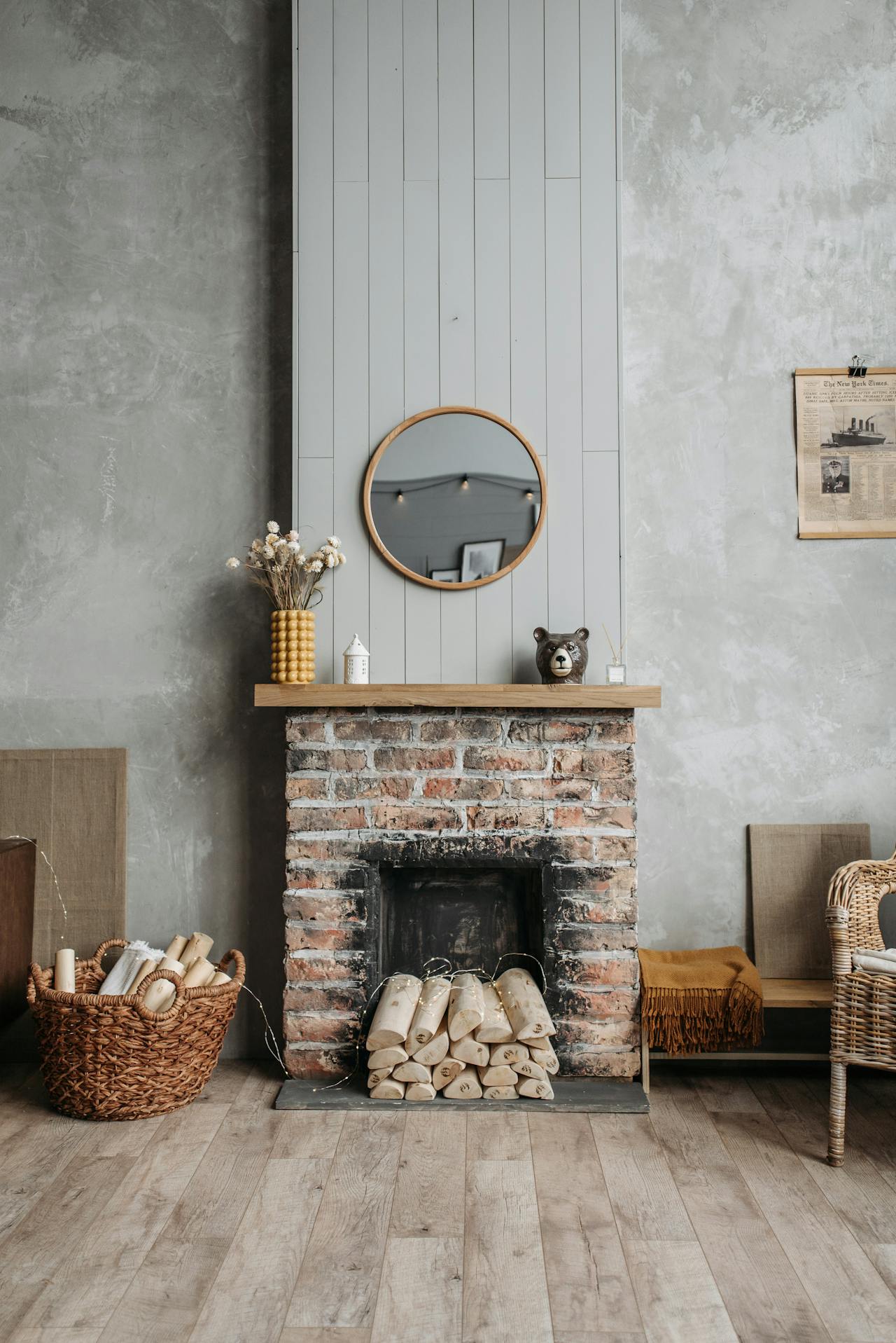 A brick fireplace with firewood inside it.