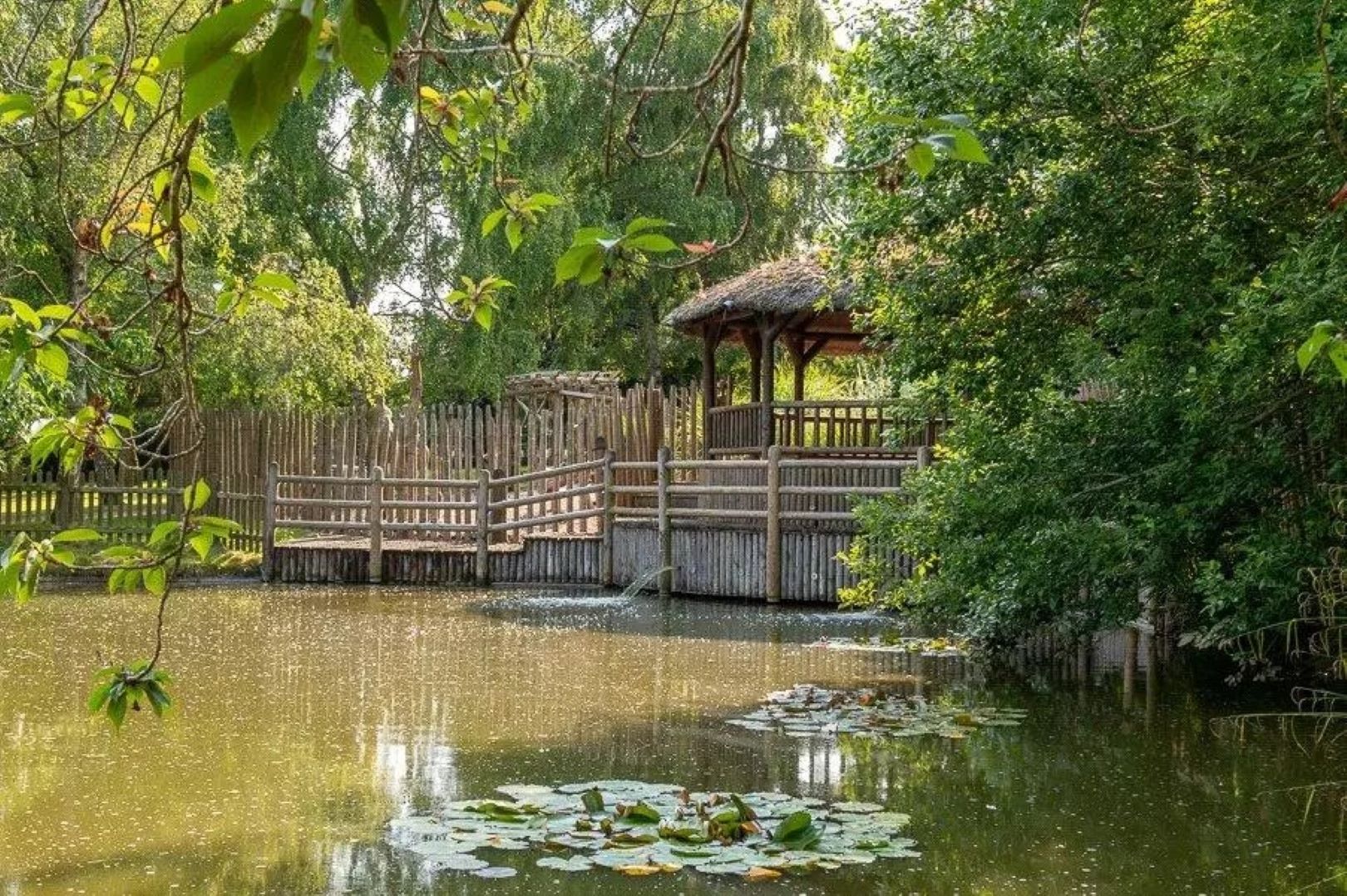 Gazebo sitting about a large pond with weeping willows and other mature trees surrounding. 