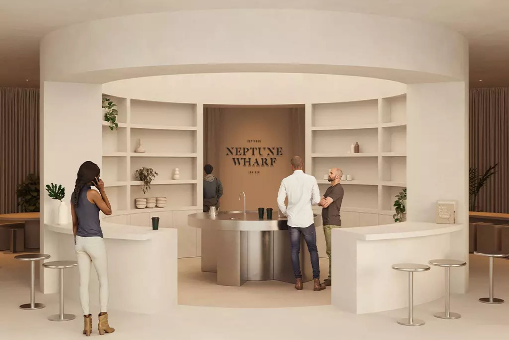 A cream room with shelves, sinks and people socialising