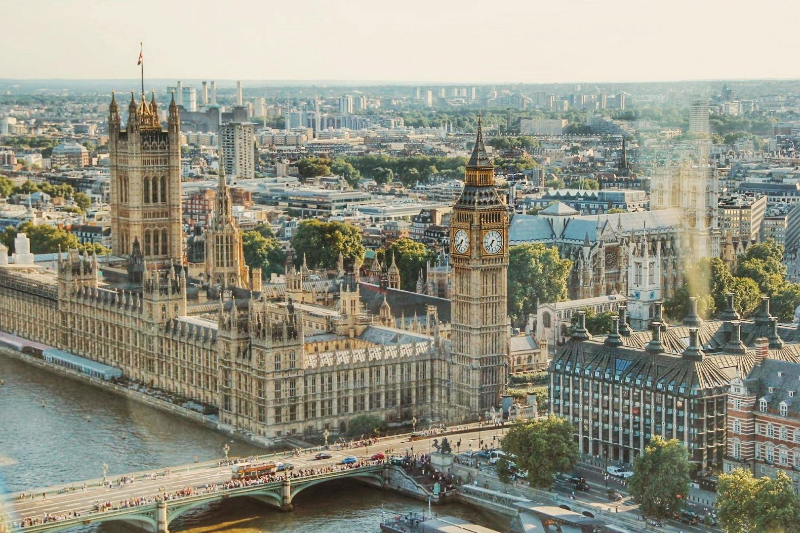 Aerial shot of the British Houses of Parliament and Big Ben