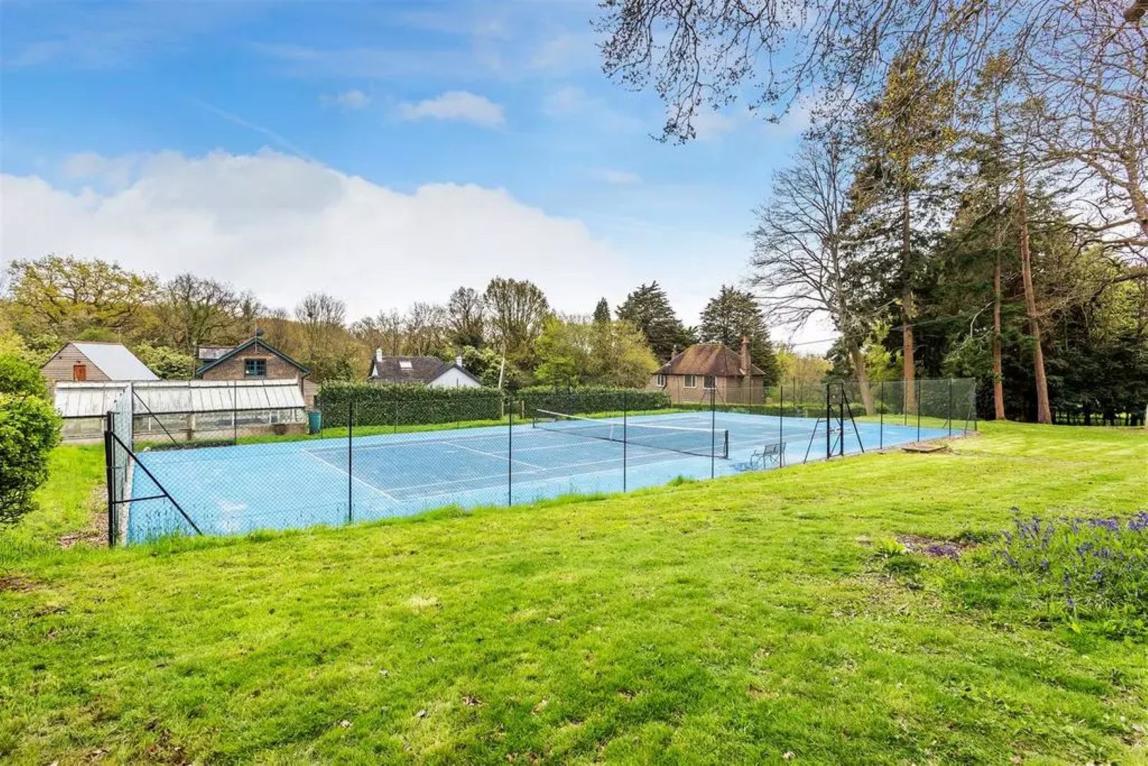 Blue tennis court surrounded by grass with rooftops to the rear