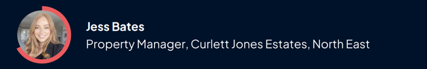 Navy blue banner with picture of Jess Bates, Property Manager at Curlett Jones Estates, North East