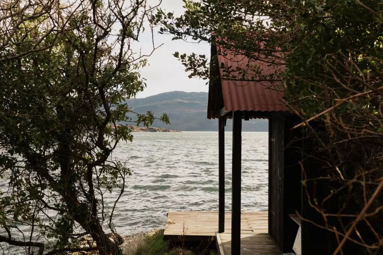 A view out to a lock with the edge of a sauna and a tree framing the view.