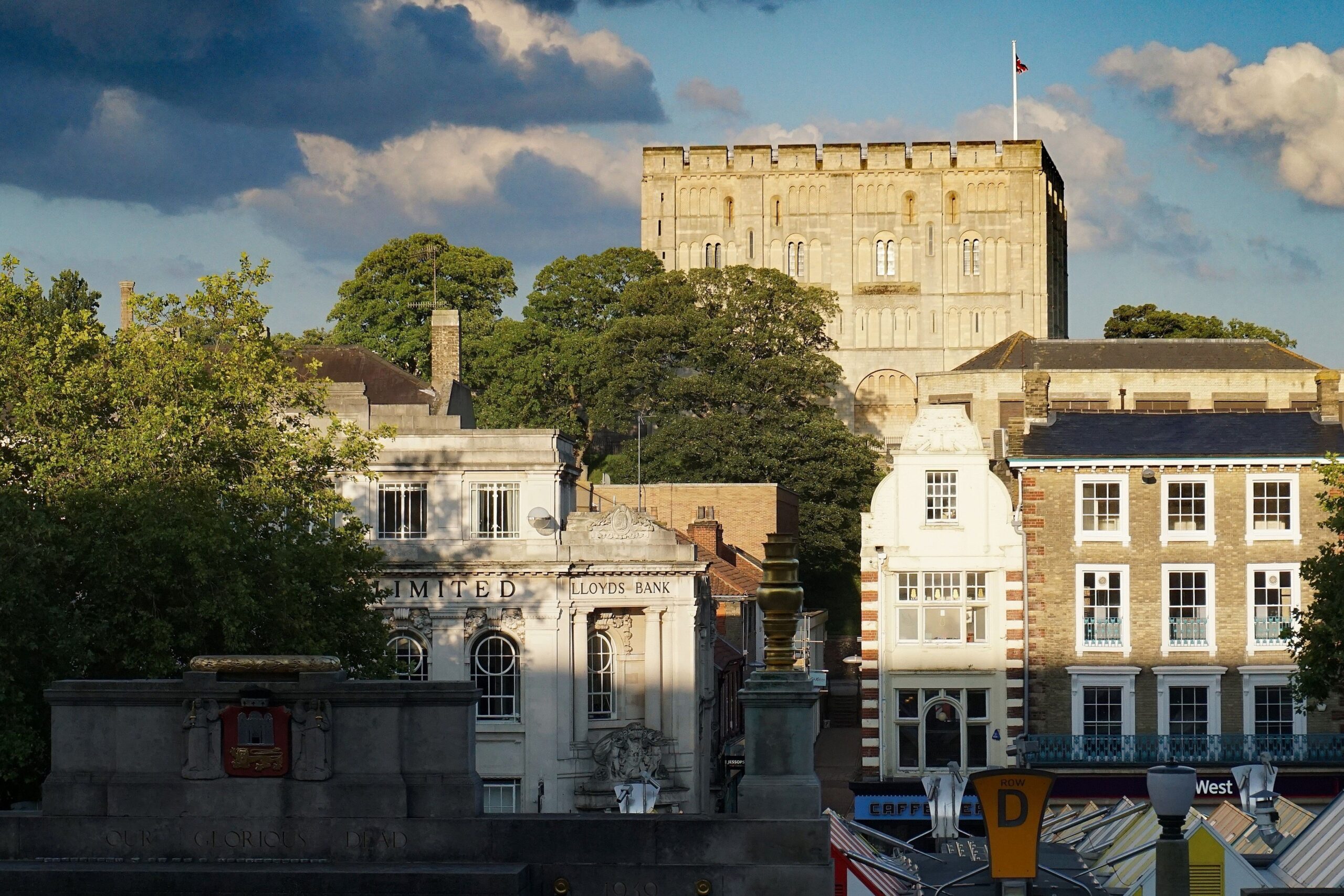 Photograph of Norwich Castle behind trees and brick buildings